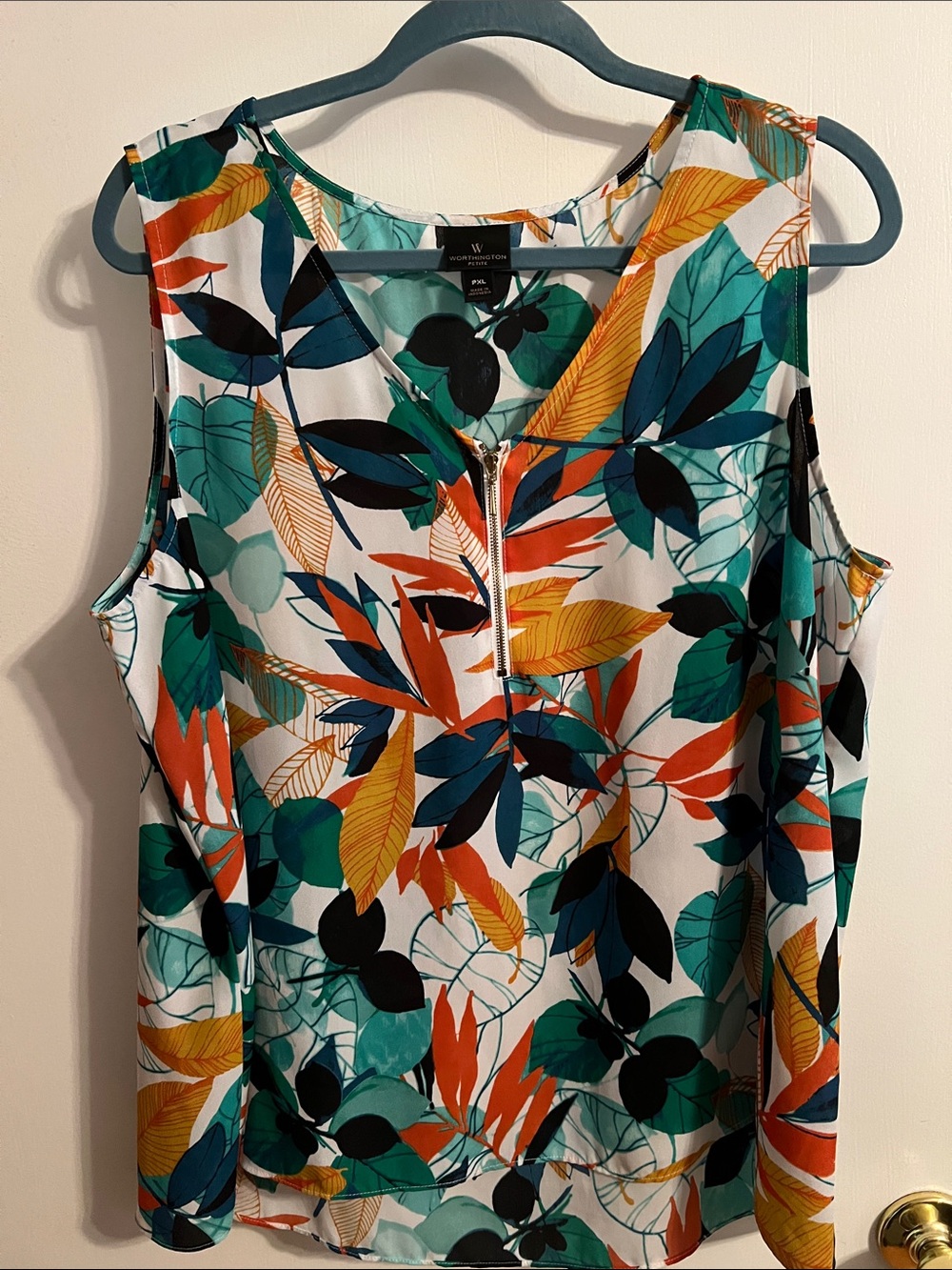 Worthington Teal Green & Orange Floral Leaf Print V-Neck Tank
